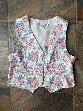 Ashley Vintage Pink Blue Floral Tapestry Style Vest L Cotton Made in USA